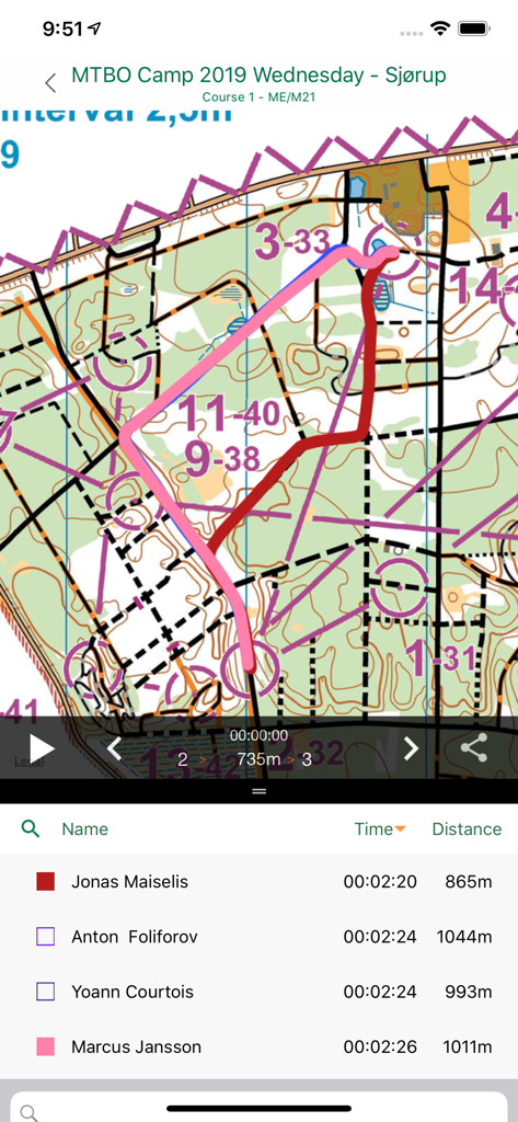 O-Track - O-Track app screenshot showing an orienteering map with tracked routes and a runner leaderboard