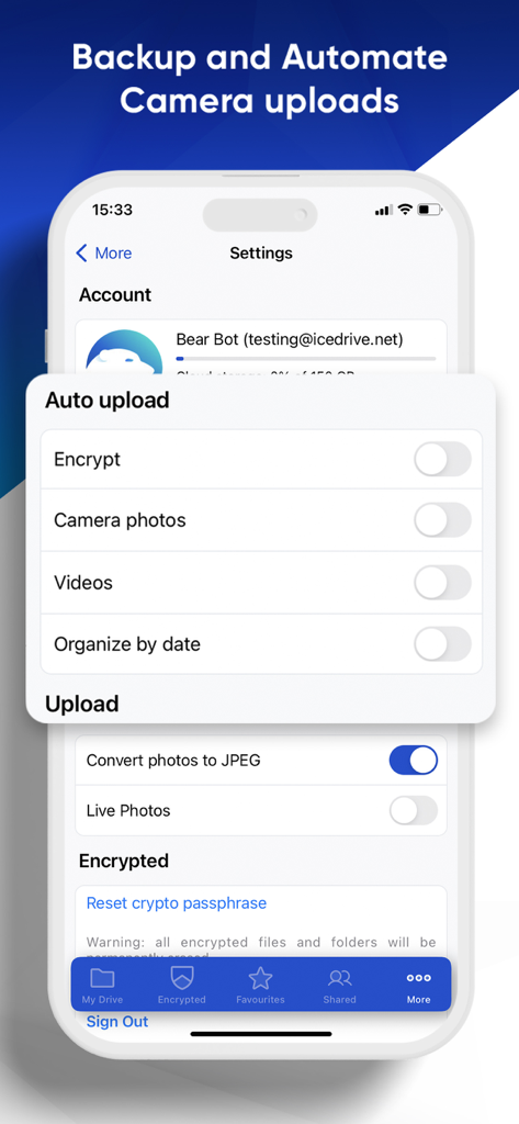 Icedrive – Cloud Storage - Icedrive app interface showing automatic camera backup and file encryption settings on an iPhone