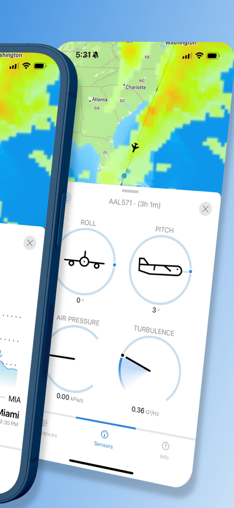 Application Flying Calmly affichant les capteurs de vol et une carte des turbulences