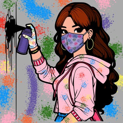 realistic girl with mask spray painting a wall