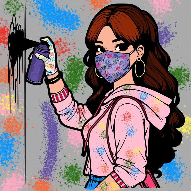 realistic girl with mask spray painting a wall