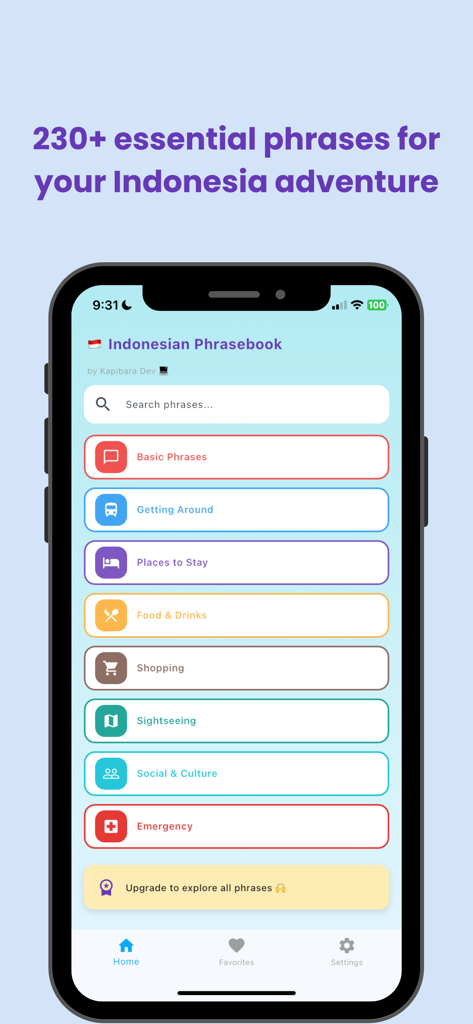 Indonesia Travel Phrasebook - Home screen of the Indonesia Travel Phrasebook app displaying travel phrase categories like Getting Around and Food and Drinks