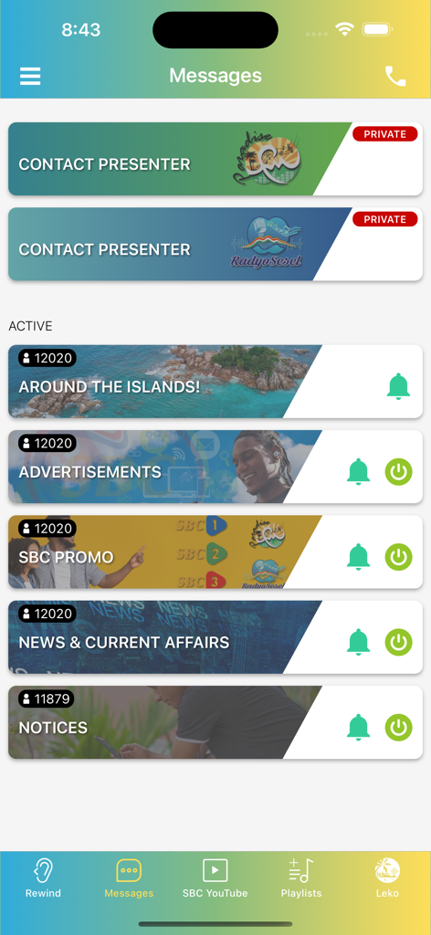 SBC Radio - The messages screen of the SBC Radio app featuring options to contact presenters and follow news categories