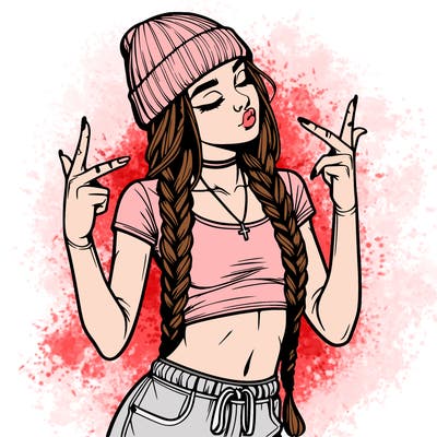realistic teenage girl with braids and a beanie and crop top doing 🫶🏼