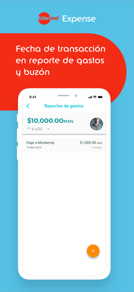 Interfaz de la aplicación Edenred Expense que muestra una lista de informes de gastos corporativos que incluye una entrada de viaje de negocios