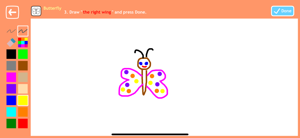 Drawing to Animation for Kids - Interface of the Drawing to Animation for Kids app showing a colorful butterfly drawing with a paint palette and step-by-step instructions.