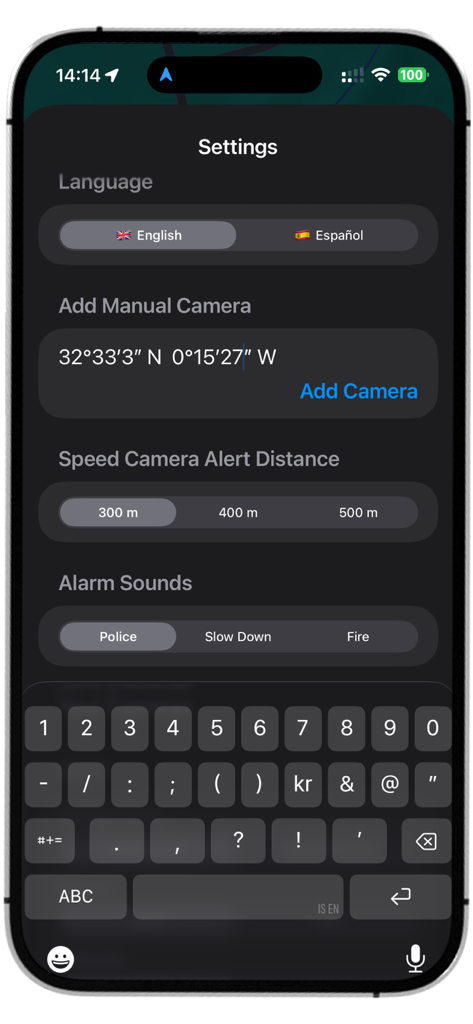 DGT Cameras - Settings screen of the DGT Cameras app showing language selection, manual camera input, and alert distance settings in dark mode.