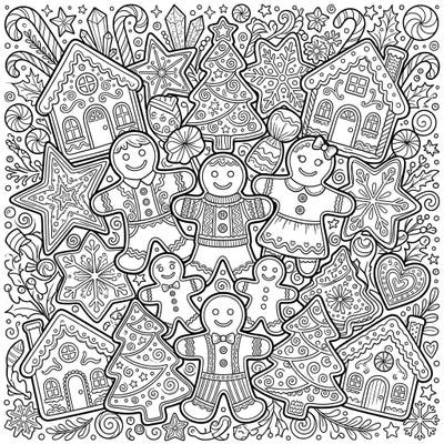 Get ready for a sweet coloring challenge with this intricate gingerbread cookie design, perfect for teens. Explore a festive world packed with detailed gingerbread men, houses, and holiday decorations, offering hours of creative fun.