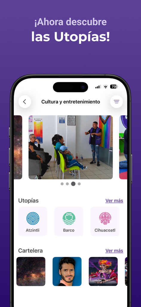 App CDMX culture and entertainment interface showing local community centers and upcoming events in Mexico City