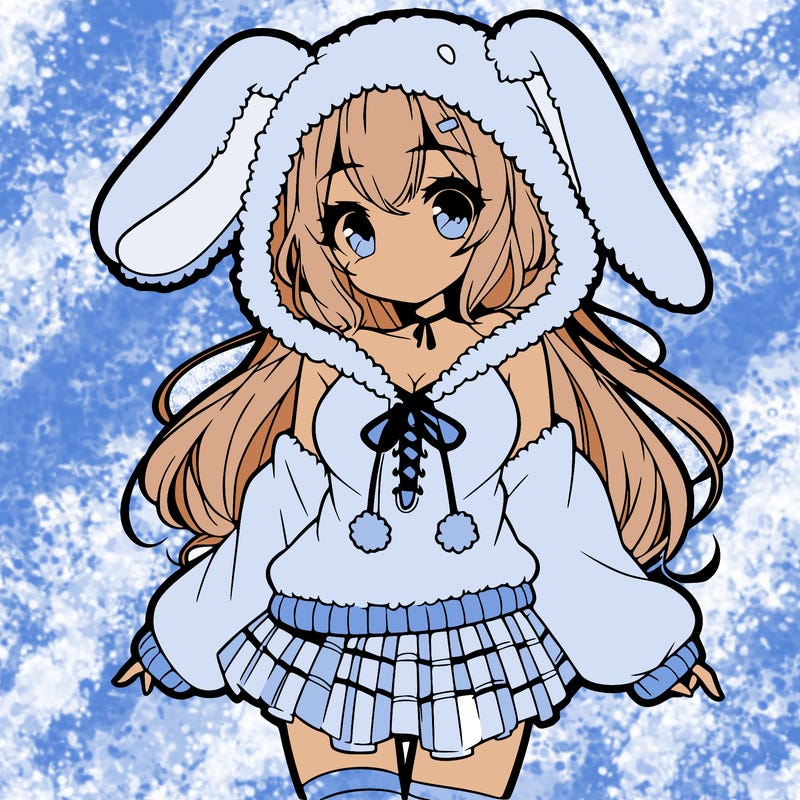 pretty anime girl wearing a fluffy hoodie with bunny ears on the hood and a skirt