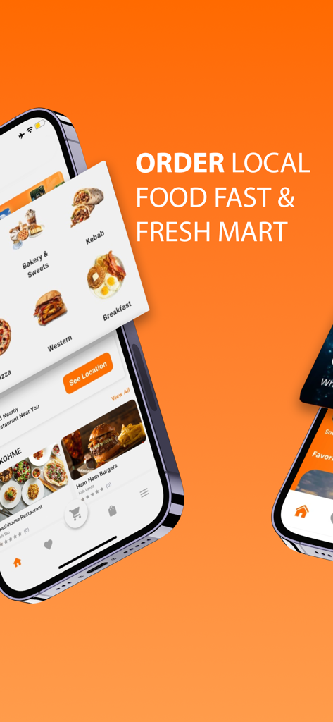 KOHME - KOHME app interface displaying food delivery categories and local restaurant listings on a smartphone