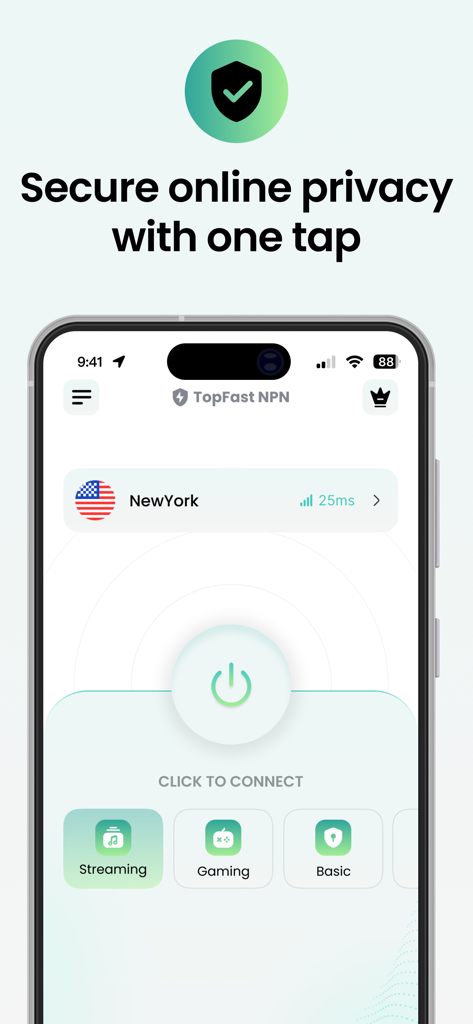 VPN - Top Fast VPN Lite - Interfaz de la aplicación móvil VPN Top Fast VPN Lite mostrando un botón de conexión de un solo toque y selección de servidor para Nueva York.