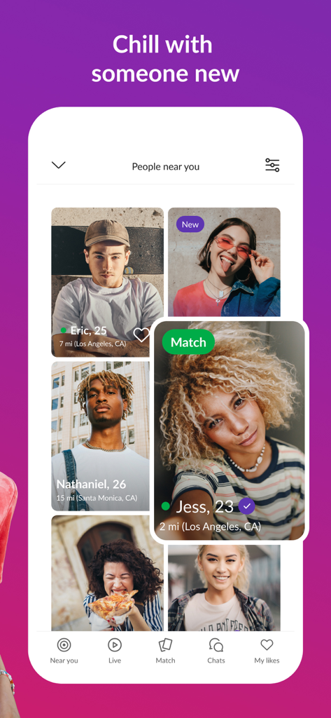 MeetMe app interface showing profiles of people nearby with a match notification.