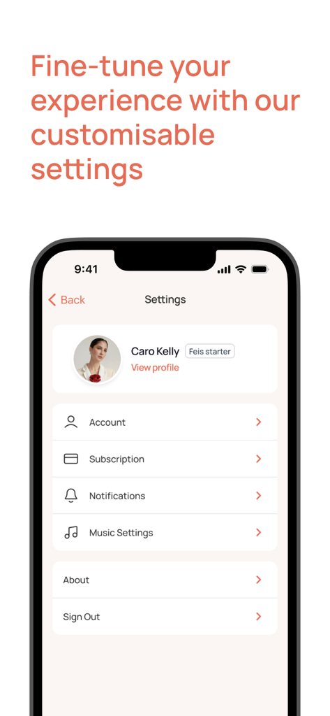 Settings screen of the Feis app showing user profile and account options
