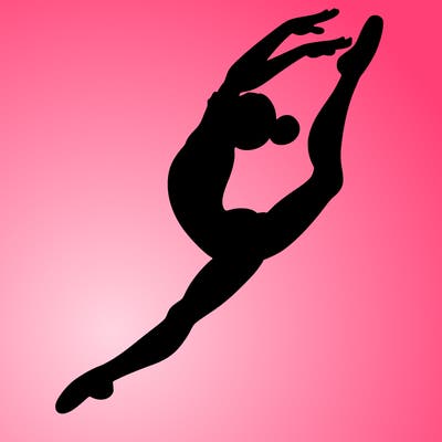 gymnast doing a leap in a leotard with a bent back leg