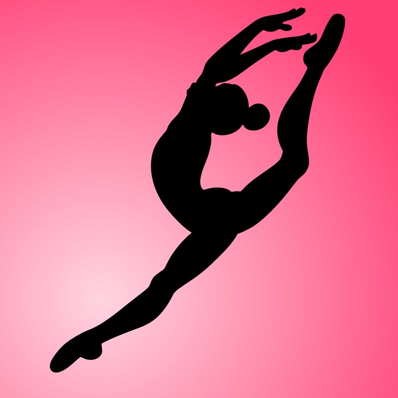 gymnast doing a leap in a leotard with a bent back leg