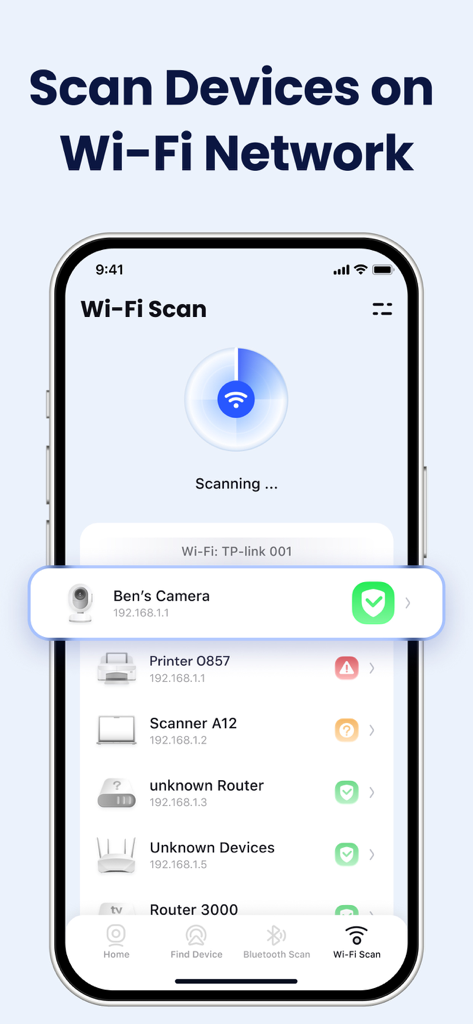 iPhone screen showing a list of devices connected to a Wi-Fi network in a security app interface
