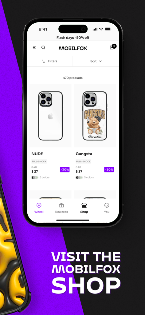 Mobilfox app interface showing a catalog of shockproof iPhone cases with discount labels and promotional text.