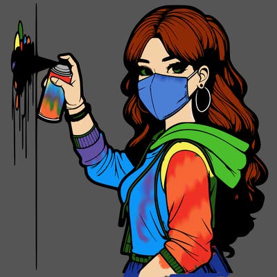 realistic girl with mask spray painting a wall