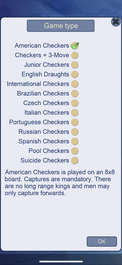 A menu in the Checkers V plus app displaying various game types like American, International, and Russian checkers with a description of the selected rules.
