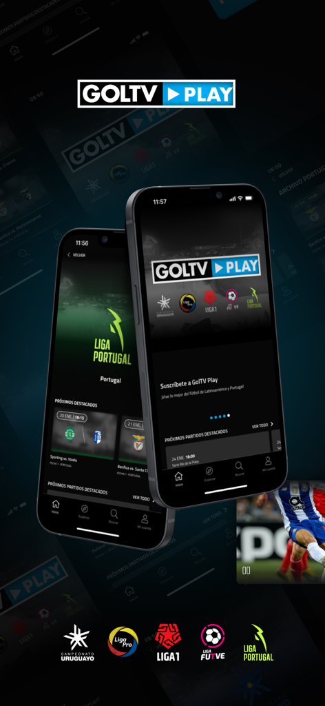 GolTV PLAY - Zwei iPhones mit der GolTV PLAY App-Oberfläche, die Fußballligen aus Lateinamerika und Portugal zeigt