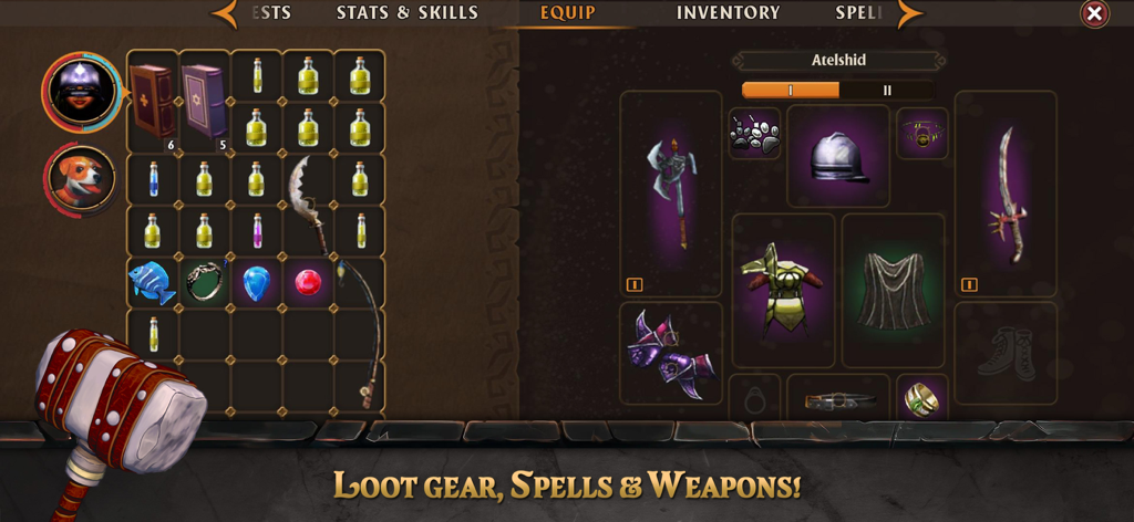 FATE: Reawakened - Menu d'inventaire et d'équipement en jeu dans FATE Reawakened montrant des armes, des armures et des potions