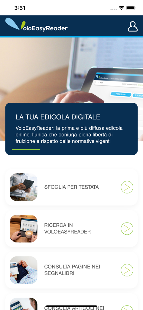 VoloEasyReader app home screen displaying the digital newsstand dashboard with options to browse publications and search articles.