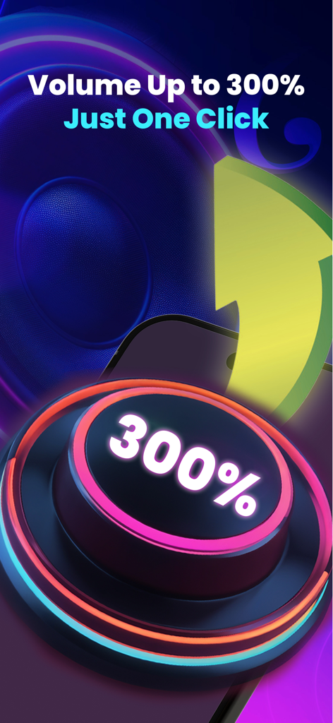Ein Werbebildschirm für eine Lautstärke-Booster-App, der einen großen Neonknopf mit der Aufschrift 300 Prozent und einem Lautsprecherhintergrund zeigt