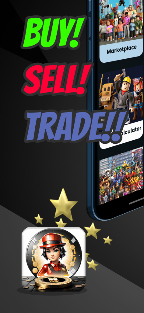 Pantalla promocional de la aplicación Robux Trade para Roblox con texto de comprar vender comerciar y una interfaz de mercado móvil