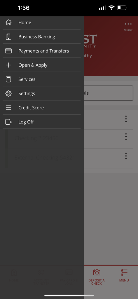 First Community CU Houston - The side navigation menu of the First Community CU Houston mobile banking app listing various account services.