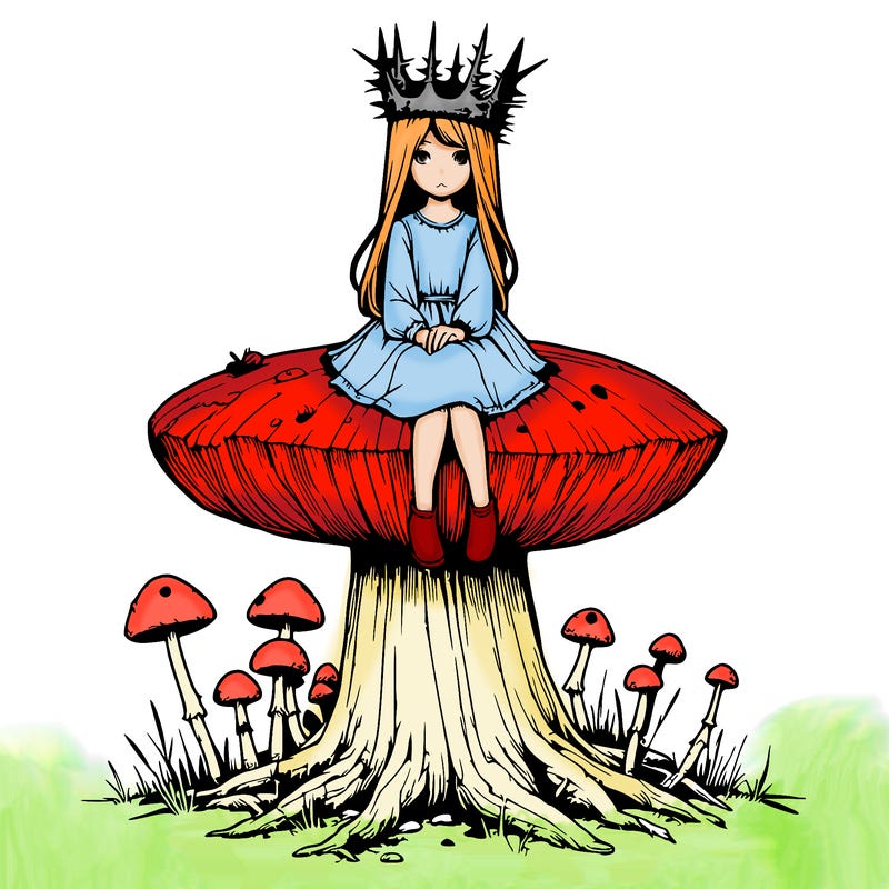 realistic girl sitting on a huge tree stump size toadstool with thorn crown