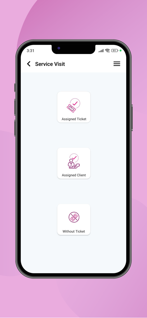 Qkrbiz - Qkrbiz app screen for service visits with options for assigned tickets and clients