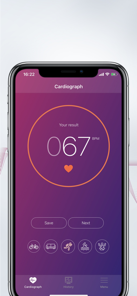 Cardiograph app interface showing a heart rate reading of 67 BPM with activity selection icons