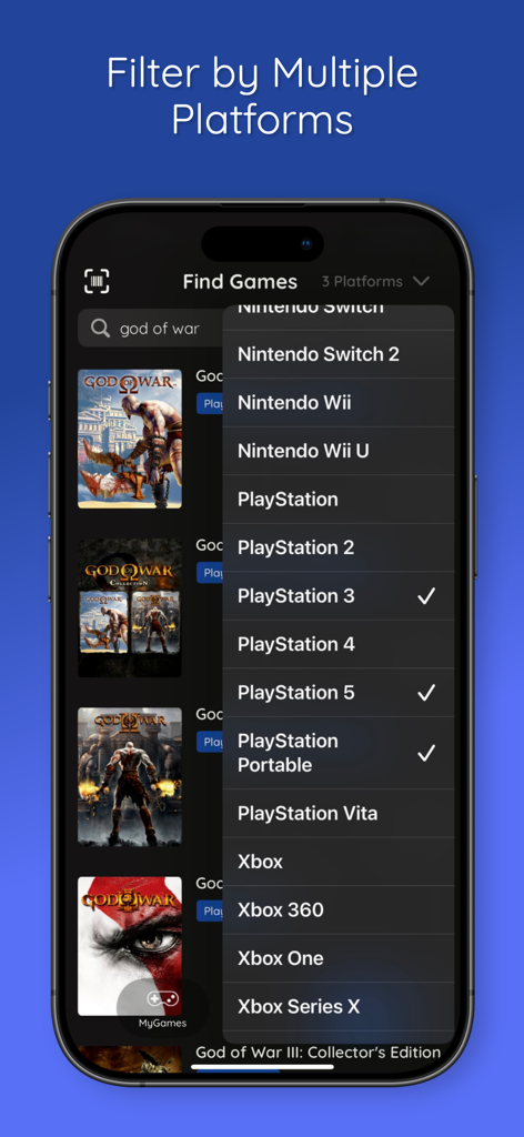 MyGames Database - MyGames Database app interface showing multi-platform filtering for a game collection.