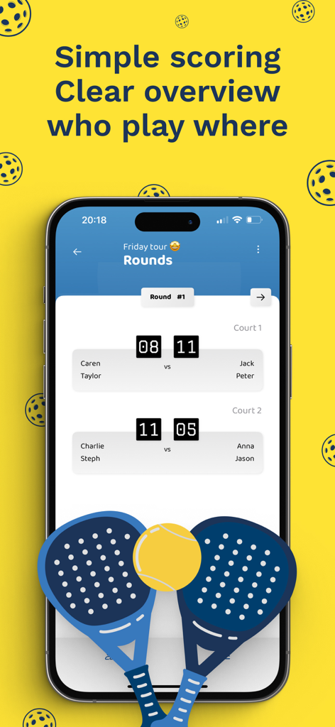 Round Robin Assistant - スポーツトーナメントの試合結果とコート割り当てが表示されたラウンドロビンアシスタントアプリの画面を示すスマートフォン。