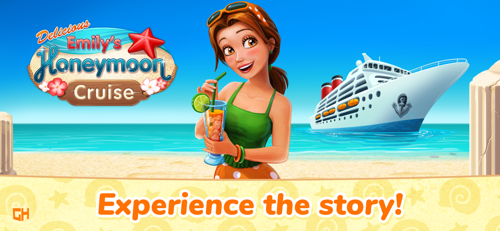 Delicious - Honeymoon Cruise - Emily from Delicious holding a tropical drink on a beach with a cruise ship in the background