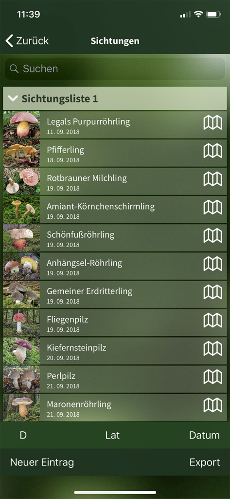 PilzSnap - Pilze sammeln! - Un elenco di avvistamenti di funghi che include foto e date di scoperta nell'app PilzSnap