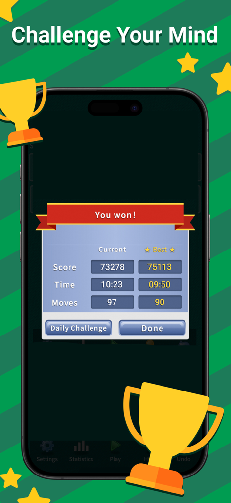 FreeCell Solitaire Classic game victory screen showing score time and moves statistics