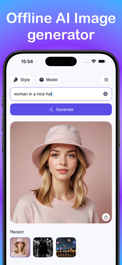 LocalGen app interface showing an AI generated image of a woman in a pink hat from a text prompt