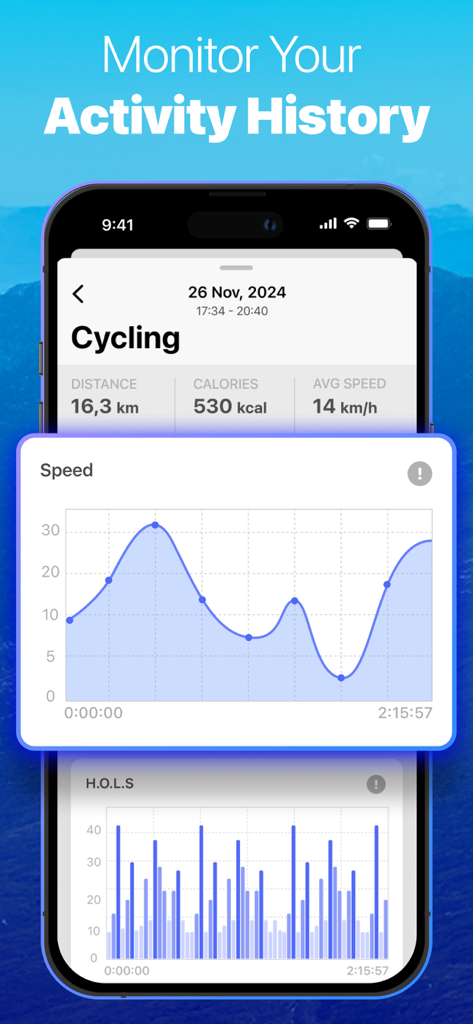 Run, Bike, Walk, Hike tracker - Interface do aplicativo exibindo o histórico de treinos de ciclismo com estatísticas de velocidade e distância