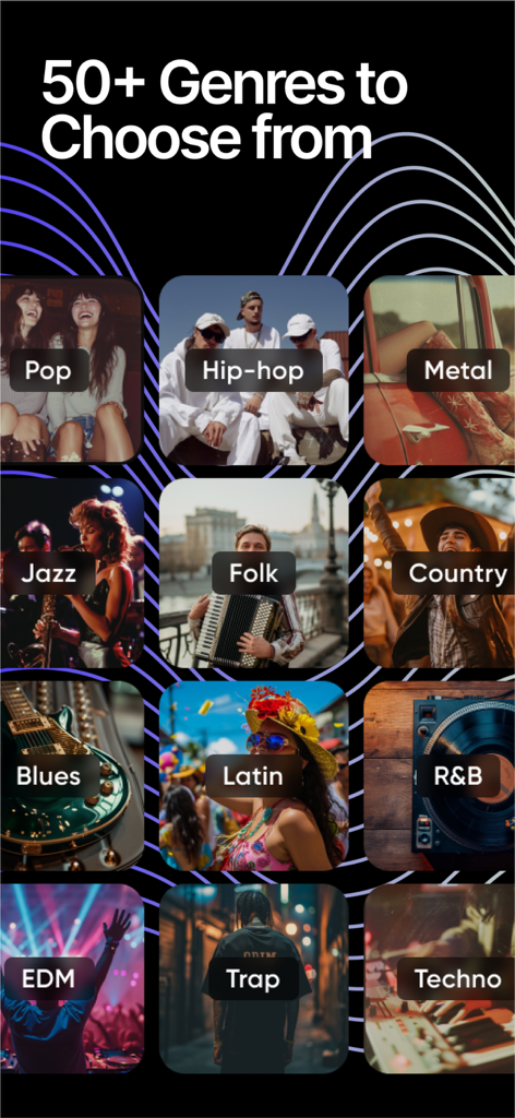 Music Studio : AI Song Maker - A mobile app screen showing a grid of different music genres including Pop Hip hop Jazz and EDM for AI song generation