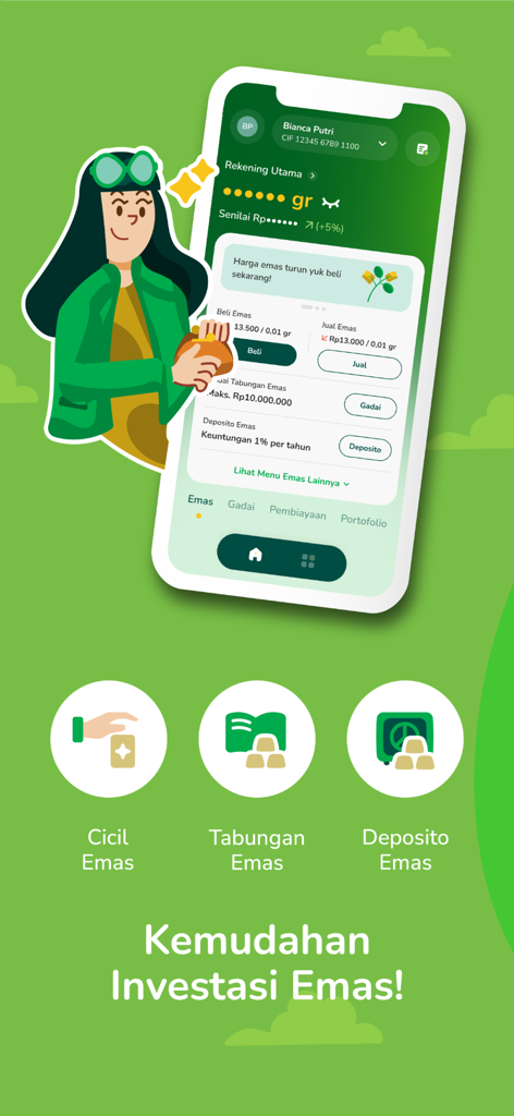 Interface de l'application mobile Tring! by Pegadaian affichant les options d'investissement en or et le solde du compte.