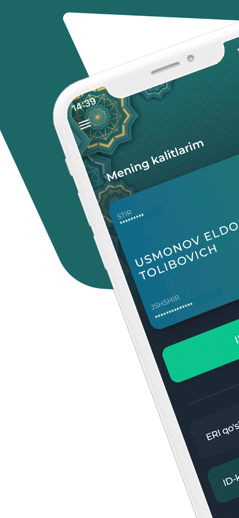 Mobile screen of E-IMZO app showing digital signature keys and identification details.