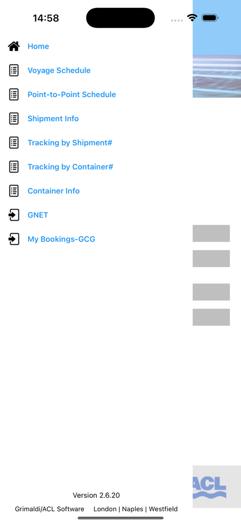 Grimaldi Cargo Mobile - The navigation menu of the Grimaldi Cargo Mobile app showing options for voyage schedules and shipment tracking