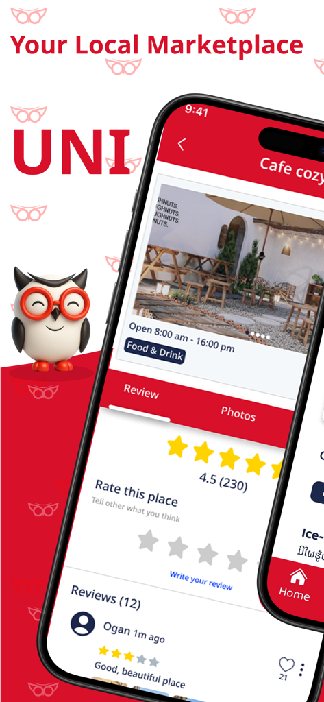 UNI MarketHub - UNI MarketHub app screen showing a local cafe listing with customer reviews and ratings.