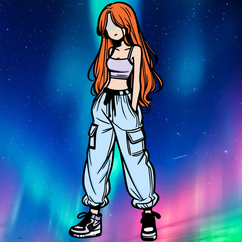 girl in baggy pants crop top and long hair