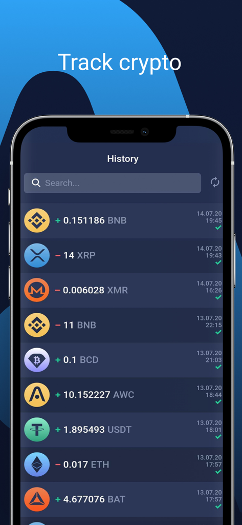 Atomic Wallet mobile App-Oberfläche, die eine Liste des Kryptowährungstransaktionsverlaufs für mehrere digitale Assets anzeigt.