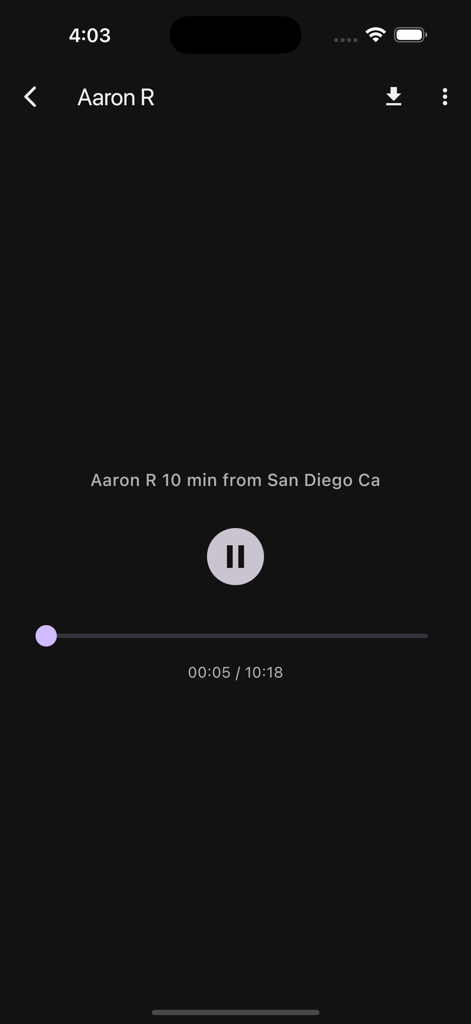 Audio player interface of the AA Speakers app showing a speaker recording with a progress bar and playback controls.