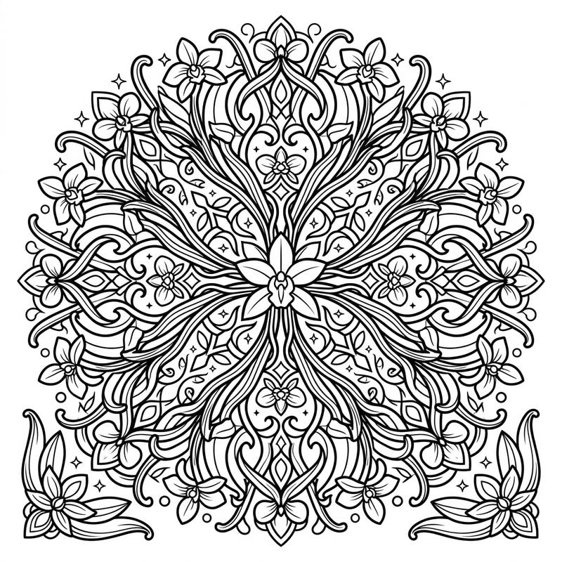 Dive into a world of intricate patterns and aromatic inspiration with this beautiful vanilla bean mandala coloring page. Perfect for adults seeking a relaxing and rewarding artistic challenge.