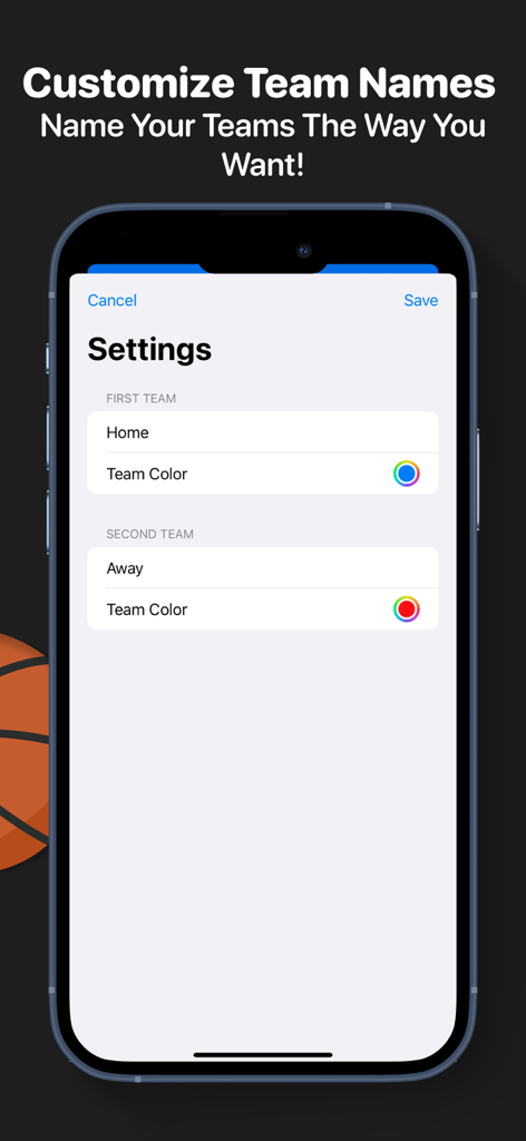 Settings screen in the Score Keeper app for customizing team names and colors
